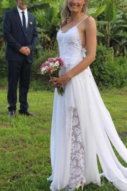 Elegant Long Chiffon and Lace Spaghetti Straps Wedding Dresses Bridal Gowns 903267