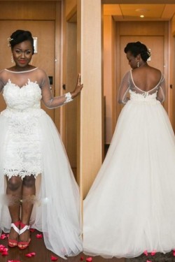 High Low Lace and Tulle Wedding Dresses Bridal Gowns with Long Sleeves 903272