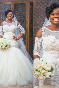 Mermaid Lace and Tulle Beaded Wedding Dresses Bridal Gowns 903275