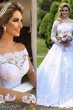 A-Line Long Sleeves Lace Wedding Dresses Bridal Gowns 903276