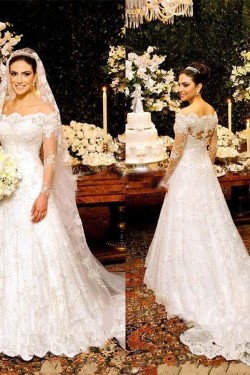 A-Line Long Sleeves Lace Off the Shoulder Wedding Dresses Bridal Gowns 903279
