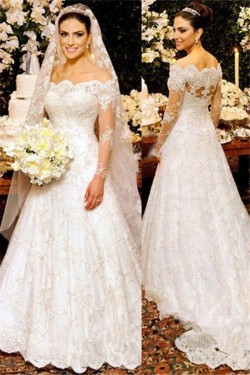 A-Line Long Sleeves Lace Off the Shoulder Wedding Dresses Bridal Gowns 903279