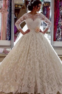 A-Line Long Sleeves Lace Wedding Dresses Bridal Gowns 903280
