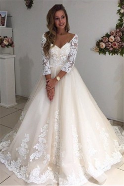 A-Line Lace Wedding Dresses Bridal Gowns with Sleeves 903281