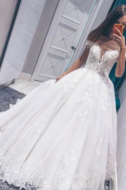 A-Line Lace Off the Shoulder Wedding Dresses Bridal Gowns 903298