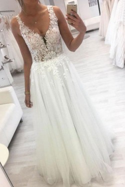Lace and Tulle V Neck Wedding Dresses Bridal Gowns 903304