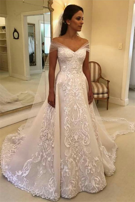 A-Line Lace Off the Shoulder Wedding Dresses Bridal Gowns 903306