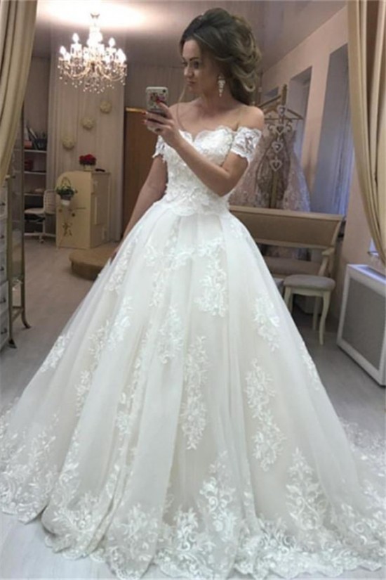 A-Line Lace and Tulle Off the Shoulder Wedding Dresses Bridal Gowns 903307