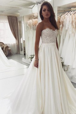 A-Line Lace and Satin Long Wedding Dresses Bridal Gowns 903313