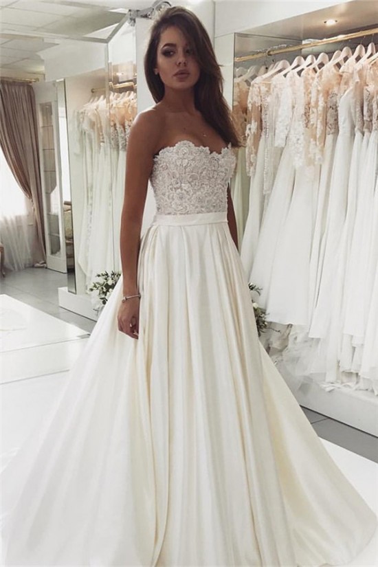 A-Line Lace and Satin Long Wedding Dresses Bridal Gowns 903313