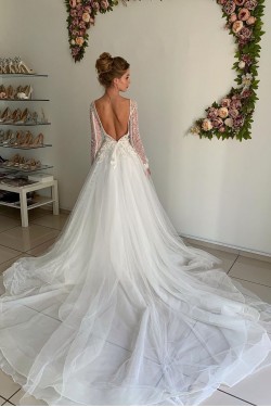 A-Line Lace and Tulle Long Sleeves Wedding Dresses Bridal Gowns 903329