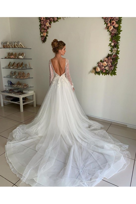 A-Line Lace and Tulle Long Sleeves Wedding Dresses Bridal Gowns 903329