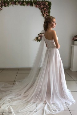 A-Line Lace and Tulle One Shoulder Wedding Dresses Bridal Gowns 903339