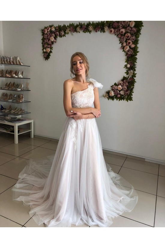 A-Line Lace and Tulle One Shoulder Wedding Dresses Bridal Gowns 903339 A-Line Lace and Tulle One Shoulder Wedding Dresses Bridal Gowns 903339