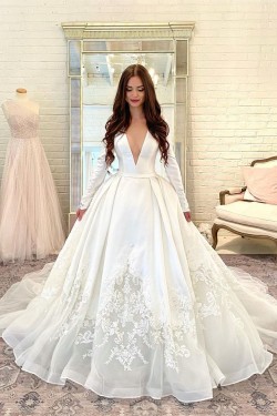A-Line V Neck Lace Wedding Dresses Bridal Gowns with Long Sleeves 903340
