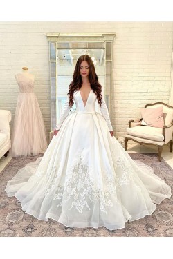 A-Line V Neck Lace Wedding Dresses Bridal Gowns with Long Sleeves 903340