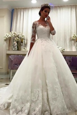 A-Line Lace Wedding Dresses Bridal Gowns with Long Sleeves 903342