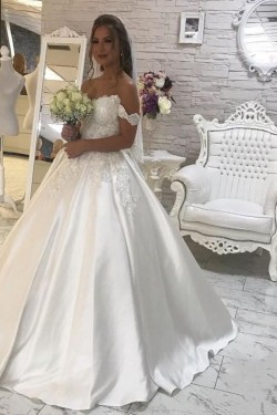 A-Line Lace and Satin Off the Shoulder Wedding Dresses Bridal Gowns 903350