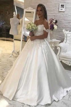 A-Line Lace and Satin Off the Shoulder Wedding Dresses Bridal Gowns 903350