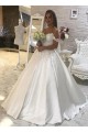 A-Line Lace and Satin Off the Shoulder Wedding Dresses Bridal Gowns 903350