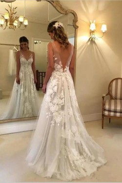 A-Line Lace V Neck Wedding Dresses Bridal Gowns 903352