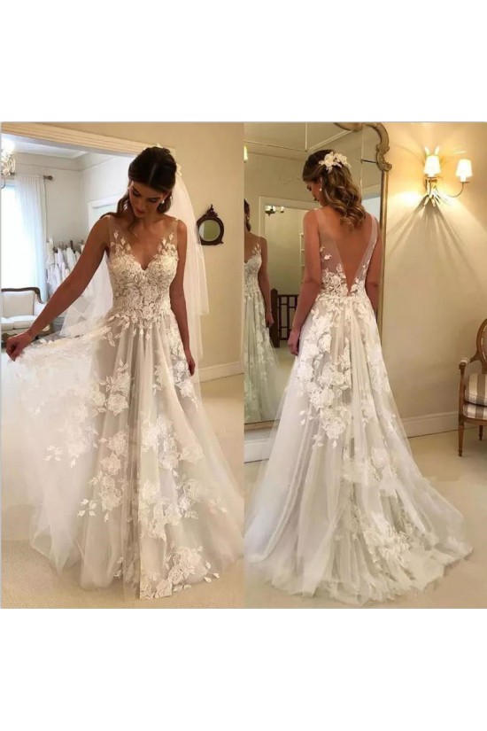 A-Line Lace V Neck Wedding Dresses Bridal Gowns 903352