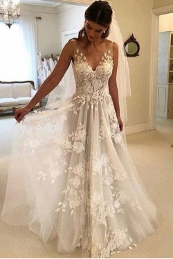 A-Line Lace V Neck Wedding Dresses Bridal Gowns 903352