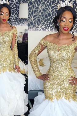 Mermaid Wedding Dresses Bridal Gowns with Gold Lace Appliques 903353