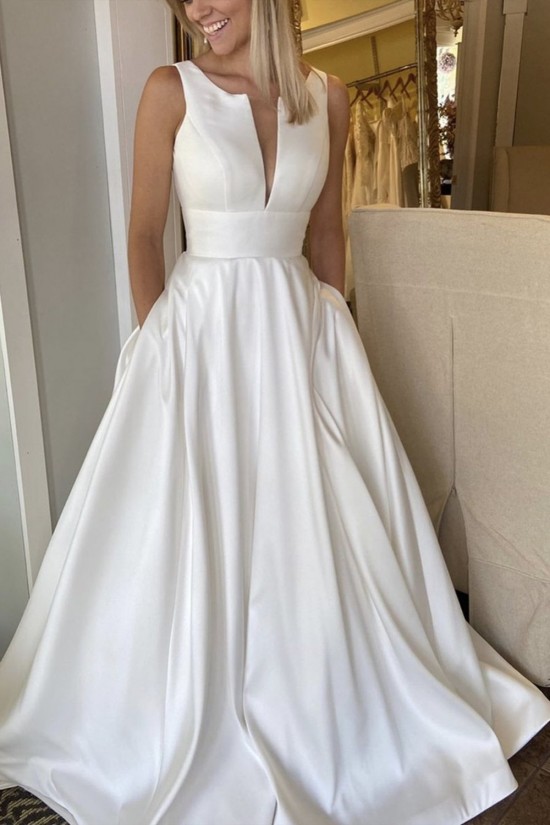 A-Line Long Satin Wedding Dresses Bridal Gowns with Pockets 903358
