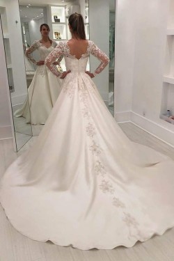 A-Line Lace Long Sleeves V Neck Wedding Dresses Bridal Gowns 903363