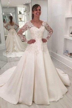 A-Line Lace Long Sleeves V Neck Wedding Dresses Bridal Gowns 903363