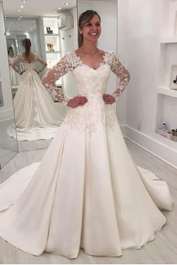 A-Line Lace Long Sleeves V Neck Wedding Dresses Bridal Gowns 903363