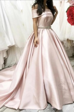 A-Line Long Satin Off the Shoulder Wedding Dresses Bridal Gowns 903373