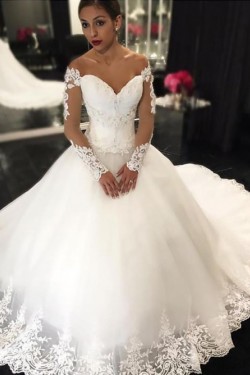 A-Line Lace Long Sleeves Off the Shoulder Wedding Dresses Bridal Gowns 903375