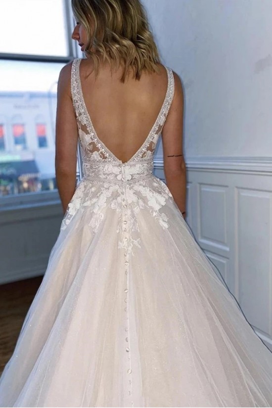 A-Line Lace and Tulle V Neck Wedding Dresses Bridal Gowns 903391