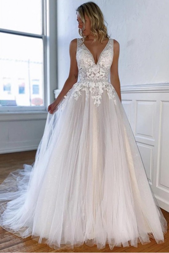 A-Line Lace and Tulle V Neck Wedding Dresses Bridal Gowns 903391