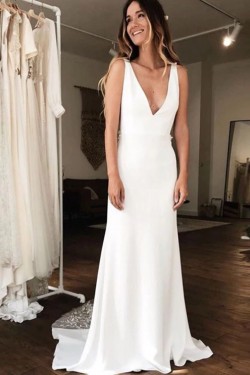 A-Line Lace V Neck Wedding Dresses Bridal Gowns 903394
