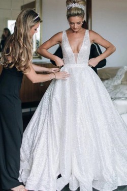 A-Line Sparkle V Neck Long Wedding Dresses Bridal Gowns 903395