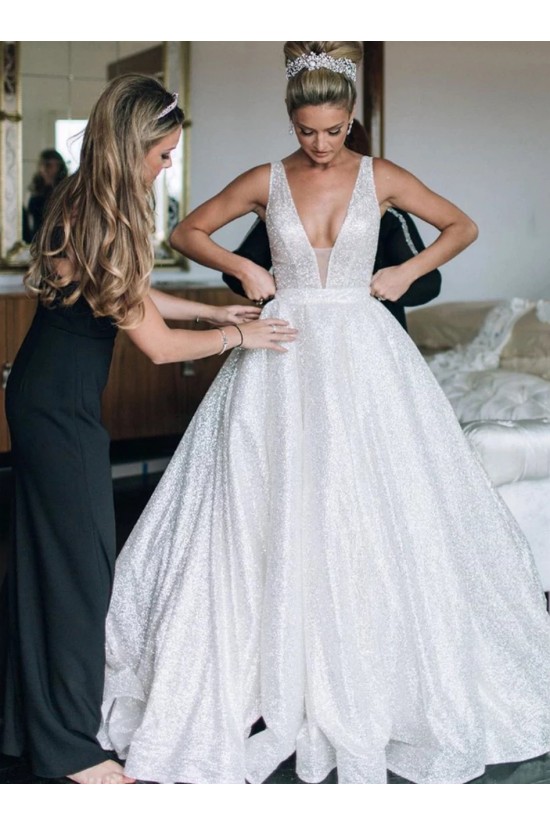 A-Line Sparkle V Neck Long Wedding Dresses Bridal Gowns 903395 A-Line Sparkle V Neck Long Wedding Dresses Bridal Gowns 903395