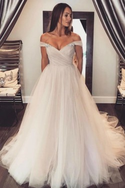 A-Line Beaded Tulle Off the Shoulder Wedding Dresses Bridal Gowns 903396
