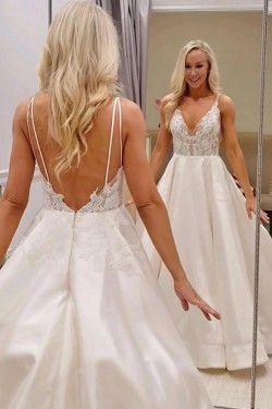 A-Line Lace V Neck Long Wedding Dresses Bridal Gowns 903401