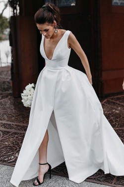 A-Line Long Satin V Neck Wedding Dresses Bridal Gowns 903407