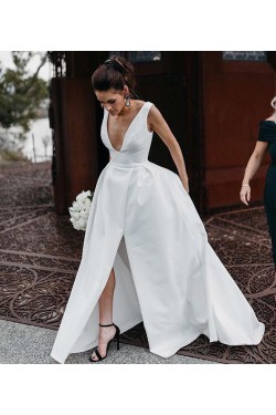 A-Line Long Satin V Neck Wedding Dresses Bridal Gowns 903407