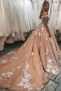 A-Line Off the Shoulder Lace and Tulle Wedding Dresses Bridal Gowns 903408