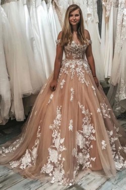 A-Line Off the Shoulder Lace and Tulle Wedding Dresses Bridal Gowns 903408