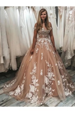 A-Line Off the Shoulder Lace and Tulle Wedding Dresses Bridal Gowns 903408