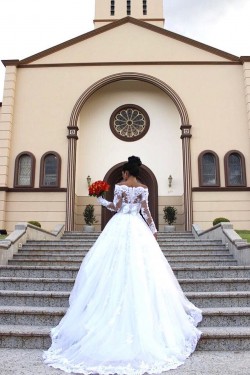 A-Line Long Lace Off the Shoulder Wedding Dresses Bridal Gowns 903411