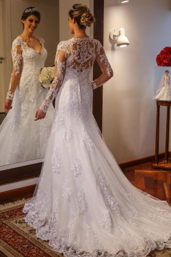 Elegant Lace Long Sleeves Wedding Dresses Bridal Gowns 903412