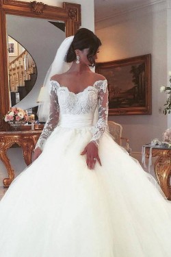 A-Line Lace and Tulle Long Sleeves Wedding Dresses Bridal Gowns 903416