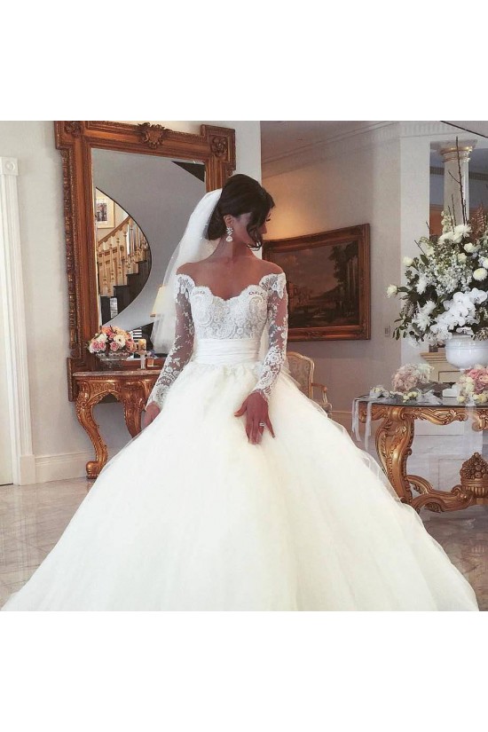A-Line Lace and Tulle Long Sleeves Wedding Dresses Bridal Gowns 903416